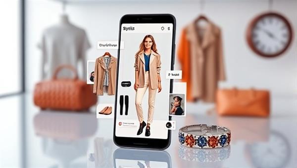 A sleek and futuristic interface displaying a virtual stylist suggesting outfit combinations on a smartphone screen, with stylish clothing items and accessories in the background, creating a modern and trendy vibe.