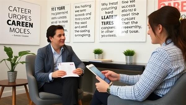 A professional setting with a career coach sitting with a client, reviewing career development plans on a digital tablet, surrounded by motivational quotes and success stories on the walls, creating a supportive and focused atmosphere.