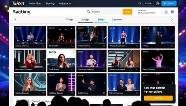 An online talent show platform interface featuring a grid of user-submitted performance videos, with a spotlight on a top-rated act, colorful graphics, and audience engagement elements like voting buttons and comments, showcasing the diversity and creativity of the talent show community.