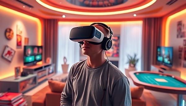 A futuristic living room setup with a person wearing a VR headset, surrounded by virtual casino tables and game elements, capturing the essence of a cutting-edge gambling experience.