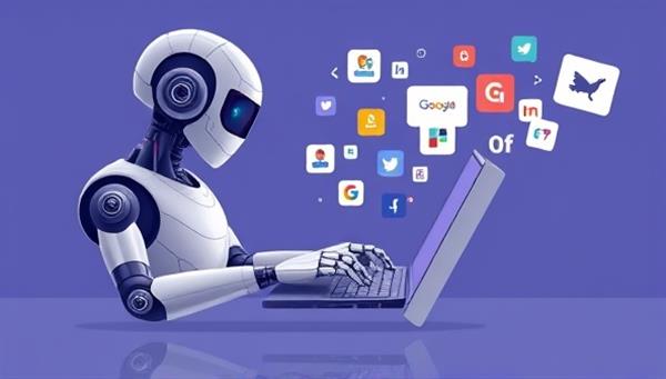 An illustration of a futuristic AI-powered robot typing on a laptop with creative content flowing out, symbolizing the seamless and efficient content creation process of the platform.