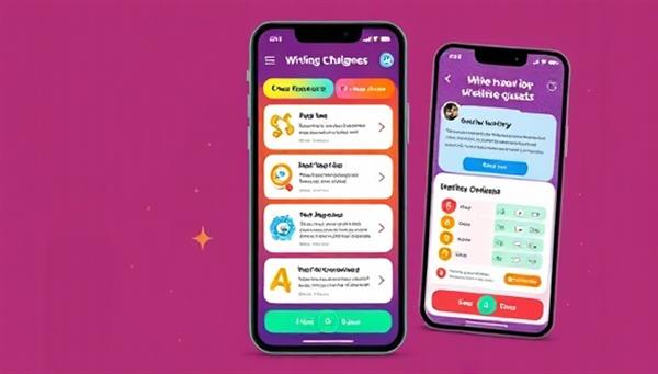 An engaging mobile app interface displaying a variety of writing challenges, vibrant visuals, and a progress tracker, encouraging users to embark on creative quests and enhance their writing skills through gamified challenges.