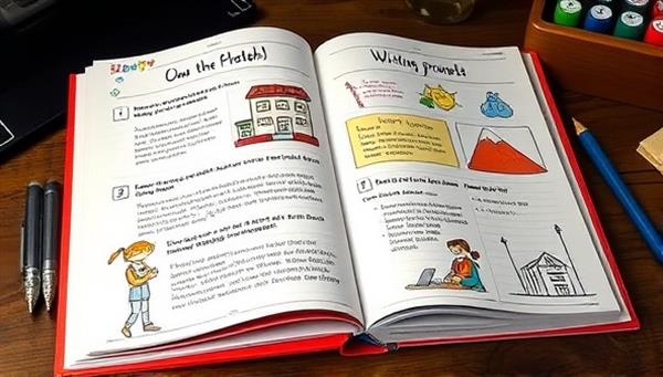 An image of a colorful and engaging writing workbook open on a desk, featuring writing prompts, illustrations, and interactive exercises, creating a visually stimulating and immersive writing experience.