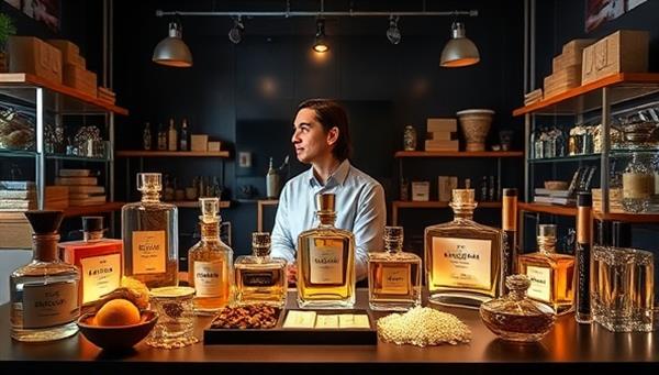 A captivating virtual scent experience studio setup with a fragrance expert showcasing an array of perfume bottles, scent strips, and aromatic ingredients, creating an immersive and sensorial atmosphere for clients to explore and discover unique scents.