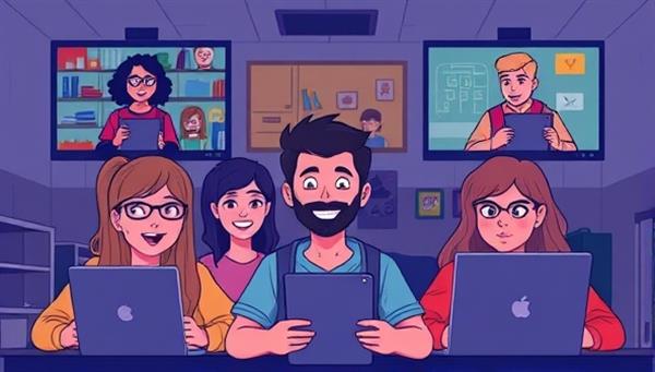 An illustration of a group of friends on a video call, each interacting with a different aspect of a virtual escape room on their screens, showcasing teamwork and excitement during the gameplay experience.