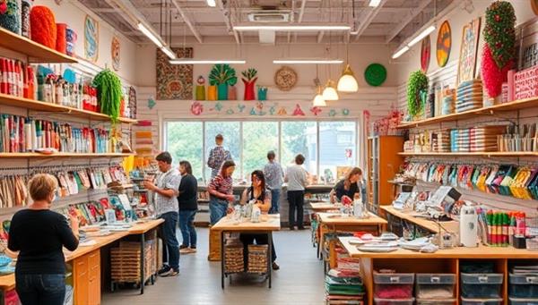 A vibrant and colorful studio space filled with crafting supplies, tools, and workstations, where customers are immersed in hands-on projects surrounded by inspiring decor and creative ambiance, fostering a welcoming and artistic environment.