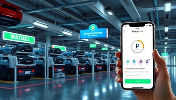 A futuristic parking facility with automated car stacking systems, digital signage displaying available parking spaces, and a mobile app interface showing real-time parking availability, highlighting convenience and efficiency.