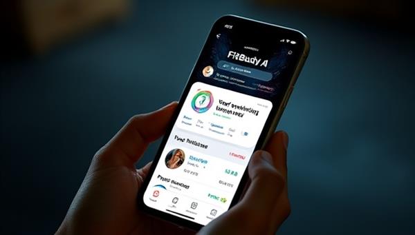 An engaging image of a smartphone displaying the FitBuddy AI app interface, with personalized workout recommendations, progress tracking visuals, and motivational quotes, creating an immersive and supportive fitness environment for users.