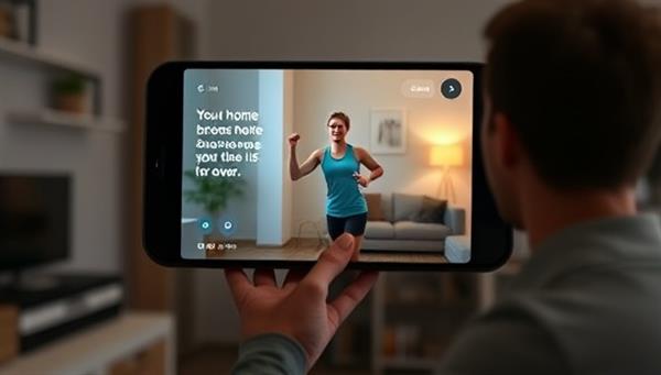 A sleek and modern app interface showing a user exercising at home while following a virtual trainer on a screen, with motivational quotes and fitness metrics displayed, showcasing convenience and interactivity.