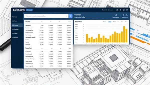 An online project estimation dashboard displaying detailed cost breakdowns, material lists, and project timelines, alongside construction blueprints and architectural drawings, illustrating the meticulous planning and accuracy of EstimaPro Online
