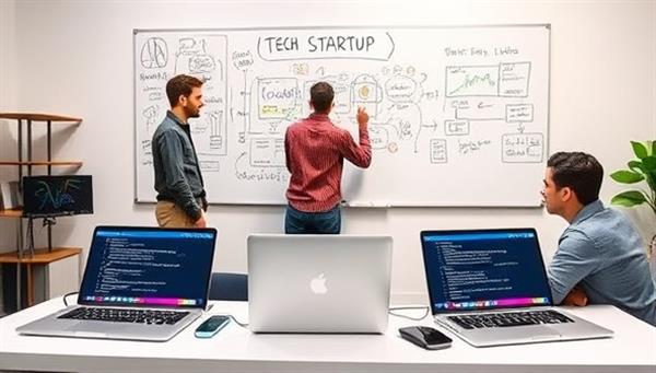 A dynamic tech startup setting with entrepreneurs brainstorming ideas on a whiteboard, laptops displaying coding screens, and a mentor providing guidance and feedback, symbolizing innovation, collaboration, and tech entrepreneurship in action.
