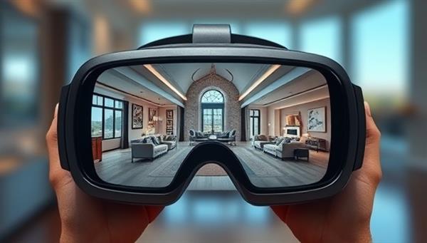 An image of a virtual reality headset displaying a stunning virtual tour of a luxurious property, with detailed room views, interactive features, and immersive visuals, highlighting the experience offered by VirtuTour Estates.