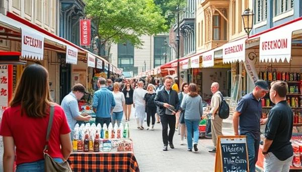A vibrant street market scene bustling with people, with small local businesses showcasing their products and engaging with customers, illustrating the potential of community-focused influencer marketing.