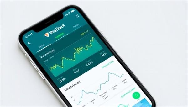 A smartphone screen displaying the VitalTrack App interface with user-friendly health tracking features, graphs showing vital signs, and notifications for personalized health recommendations, illustrating the convenience and efficiency of health monitoring with the app.