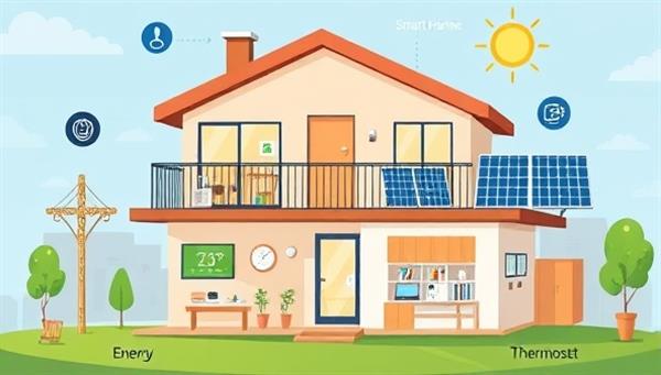 An illustrative depiction of a modern smart home equipped with energy-efficient devices, showing a seamless integration of smart thermostats, solar panels, and energy monitoring tools, highlighting a sustainable and tech-savvy lifestyle.