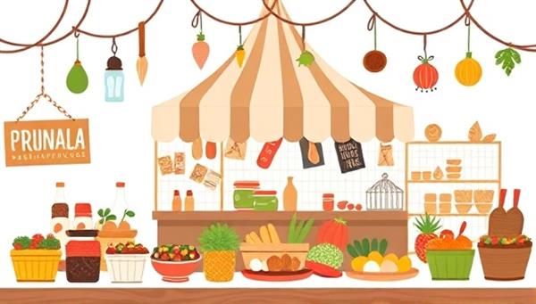 An engaging digital illustration of the virtual culinary marketplace interface, displaying a colorful array of homemade dishes, artisanal products, and culinary delights from various sellers, inviting users to explore and discover unique gastronomic treasures in a vibrant online food hub.