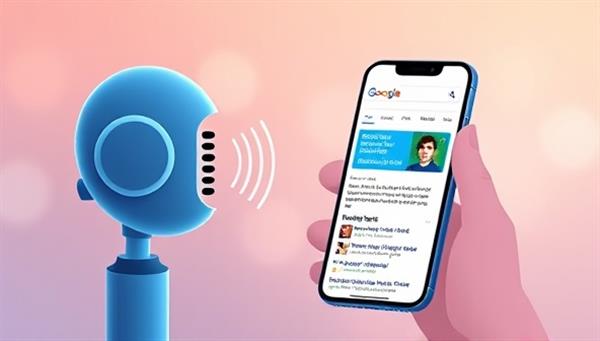 An illustration of a digital voice assistant interacting with optimized content on a smartphone screen, showcasing the seamless integration of voice search optimization techniques and the impact on search visibility and ranking.