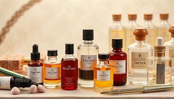 An elegant and aromatic image featuring a variety of fragrance bottles, essential oils, and blending tools, evoking the art of fragrance mixing and the sensory experience of creating personalized scents during virtual workshops.