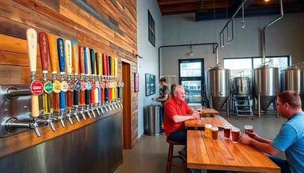 A vibrant taproom setting with a row of taps showcasing colorful craft beer varieties, patrons enjoying flights of beer at wooden tables, and a brewing area visible through glass windows, capturing the artisanal and communal atmosphere of CraftHive Brewery.