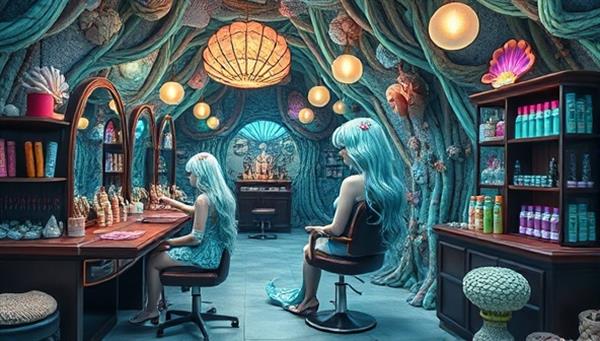 A fantastical hair salon reminiscent of an underwater grotto, adorned with seashells and mermaid decor, a stylist creating a mesmerizing mermaid hair look for a client, and a display showcasing iridescent hair colors and ethereal hair accessories, evoking a magical and enchanting atmosphere for mermaid hair enthusiasts.