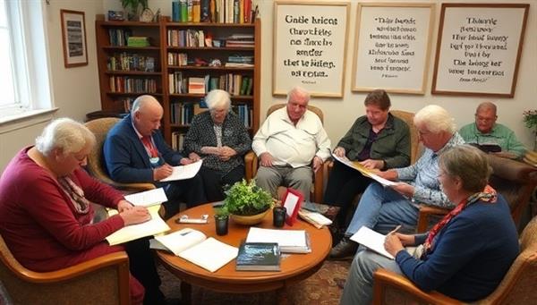 A cozy writing workshop setting with senior participants engaged in creative writing exercises, sharing stories, and providing feedback to each other, surrounded by books, writing materials, and inspirational quotes, fostering a nurturing and inspiring space for storytelling and self-expression.