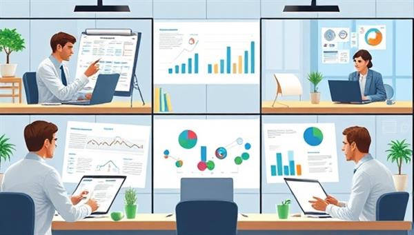 A dynamic virtual business consulting clinic scenario with consultants providing advice, analyzing financial data, brainstorming business strategies, and engaging with clients in a professional and collaborative virtual setting, showcasing the value and expertise of virtual business consulting clinics.