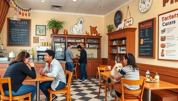 A cozy cafe setting with colorful pet-themed decorations, customers interacting with friendly resident pets, pet-friendly seating areas, and a menu board displaying pet and human treats, creating a warm and inviting atmosphere for both humans and furry friends.