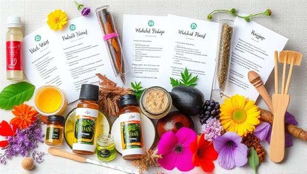 An array of colorful natural ingredients like oils, herbs, and flowers arranged in small jars and bottles, alongside recipe cards and beauty tools, creating a vibrant and inviting DIY beauty kit setup.