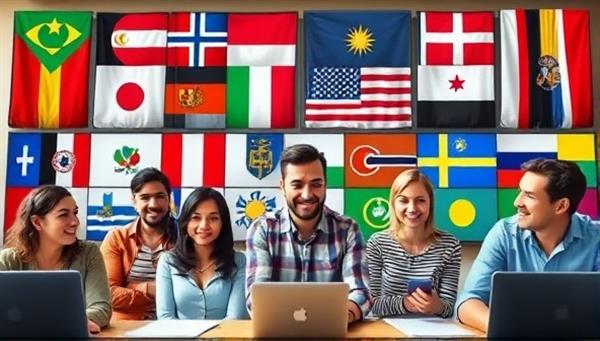 An image of a diverse group of virtual language learners engaged in a lively online discussion, with language flags and cultural symbols displayed in the background, illustrating the vibrant and interactive nature of the language learning community.