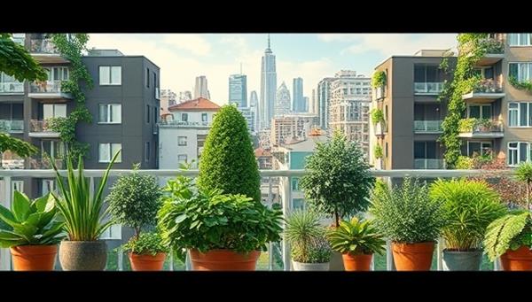 An artistic depiction of a cityscape with various potted plants and greenery interspersed among urban buildings, showcasing the harmonious blend of nature and urban living promoted by GreenThumb Urban, inspiring urban dwellers to embrace gardening in their spaces.