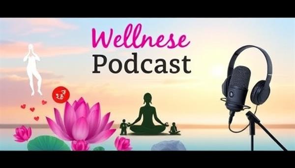 A vibrant podcast cover art featuring wellness symbols like lotus flowers, meditation silhouettes, and health icons, set against a serene background with a microphone and headphones, conveying a sense of tranquility and mindful listening.