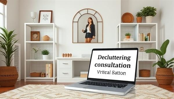 An inviting and clutter-free room setting with organized shelves, neatly arranged decor items, and a laptop displaying a virtual home organization consultation in progress, symbolizing the harmony and efficiency achieved through professional decluttering guidance, creating a peaceful and balanced atmosphere.