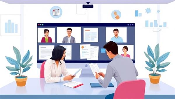 A dynamic visual of a virtual collaboration space on FreelanceFunds platform, showcasing freelance accountants and clients interacting through video calls and exchanging financial documents, symbolizing the flexibility and efficiency of the online accounting marketplace.