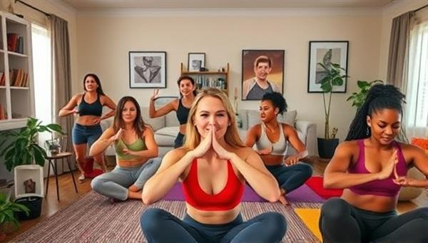 A vibrant and energetic virtual fitness class scene with a diverse group of people working out together from their homes, showing connection and motivation through digital platforms.