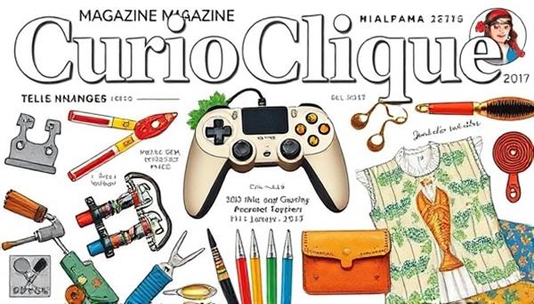 An online magazine cover featuring vibrant illustrations of various niche topics, such as a retro gaming controller, garden tools, and vintage fashion accessories, creating a visually captivating and diverse representation of CurioClique Magazine.