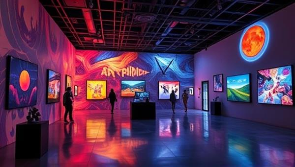 A digital art gallery with vibrant visuals, interactive installations, and diverse art pieces displayed in a virtual exhibition space, inviting visitors to explore and engage with the immersive and creative online art showcase.