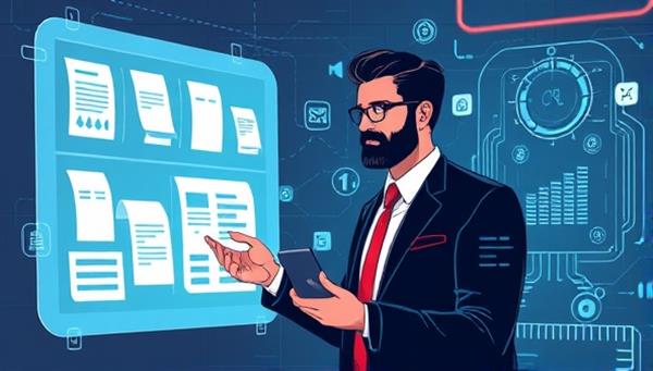 An illustration of a business owner interacting with a futuristic AI interface that organizes receipts and generates expense reports seamlessly, showcasing efficiency and modernization in expense management.