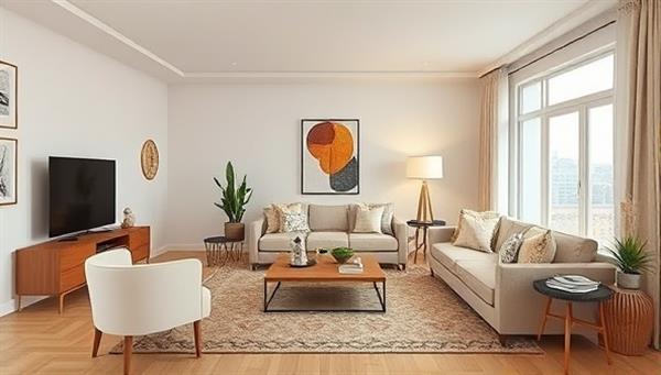 A virtual room design visualization depicting a stylish and cozy living space with virtual furniture arrangements, color schemes, and decor accents, illustrating the transformative power of virtual interior design consultations in creating aesthetically pleasing and functional home environments.