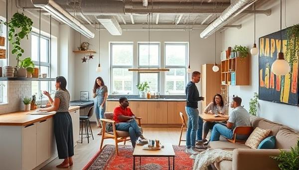 An inviting communal area in a co-living space, featuring a shared kitchen, lounge area, and vibrant decor, with diverse residents engaging in social activities, symbolizing the inclusive and vibrant community culture fostered by Commune Living.