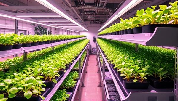 An urban farm setting with shelves of vibrant micro-greens under LED grow lights, surrounded by greenery and modern farming equipment, creating a sustainable and fresh image of the micro-greens farm.