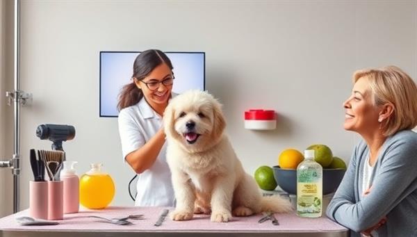 A heartwarming image showcasing a virtual pet grooming consultation in progress, with a groomer demonstrating grooming techniques on a fluffy dog via video call, surrounded by grooming tools, pet-safe products, and a happy pet owner watching attentively, conveying the convenience and expertise of Pampered Paws Online services.