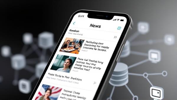 A smartphone displaying a sleek news app interface with personalized news articles, accompanied by AI icons in the background symbolizing smart curation and customization.