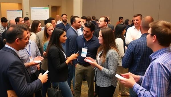 A diverse group of individuals networking at a real estate event, exchanging business cards and discussing investment strategies, creating a dynamic and collaborative atmosphere.