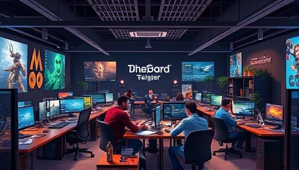 An artistic depiction of a virtual game development studio within DreamForge Labs, featuring a diverse team of developers, designers, and artists collaborating on game projects, sharing ideas, and prototyping new game concepts in a dynamic and creative environment.