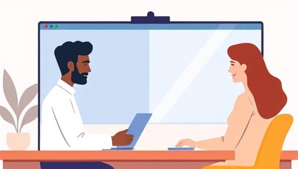 An illustration of two individuals engaging in a virtual mediation session via video conference, with a mediator guiding the discussion and resolving conflicts peacefully, showcasing the convenience and effectiveness of MediateHub.