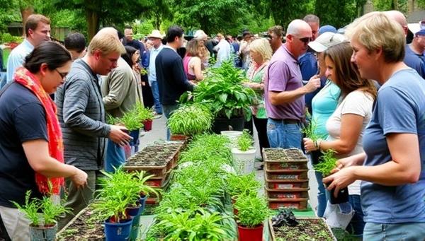 A vibrant community event scene with people exchanging potted plants, gardening tools, and tips, creating a lively and green-filled atmosphere that promotes plant sharing and community bonding.