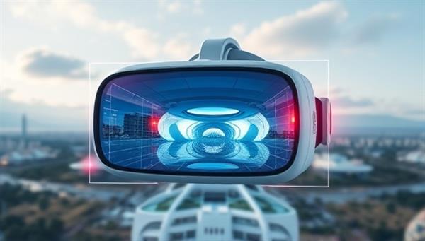 An immersive VR headset displaying a futuristic architectural landscape, with digital overlays highlighting key design elements, inviting viewers to explore and experience architectural spaces in a new dimension.