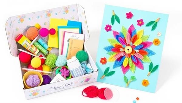A colorful and organized craft kit box filled with various materials like yarn, beads, and paper cutouts, accompanied by a beautifully crafted finished project displayed next to it, inspiring creativity and hands-on crafting experiences.
