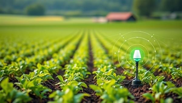 An innovative image of a smart sensor network in a lush field, with sensors embedded in the soil and plants, transmitting data wirelessly to a central hub, showcasing the futuristic technology and precision farming approach of the IoT monitoring system.
