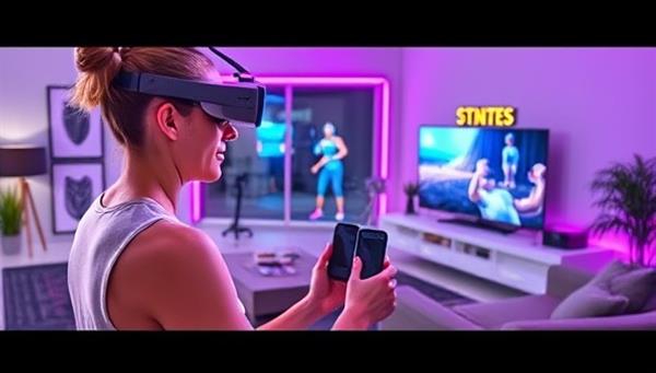 A user wearing AR glasses, interacting with a virtual fitness trainer in a futuristic living room environment, surrounded by virtual fitness equipment and motivational graphics, showcasing the immersive AR workout experience provided by FitReality Coach.